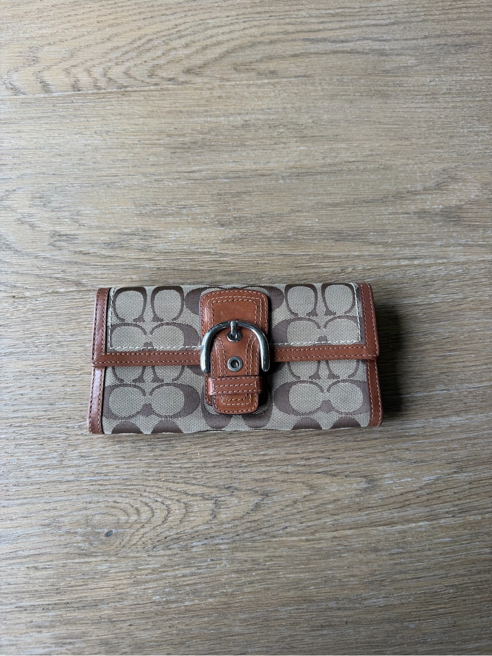 Coach Brown Signature Canvas & Leather Buckle Wallet
